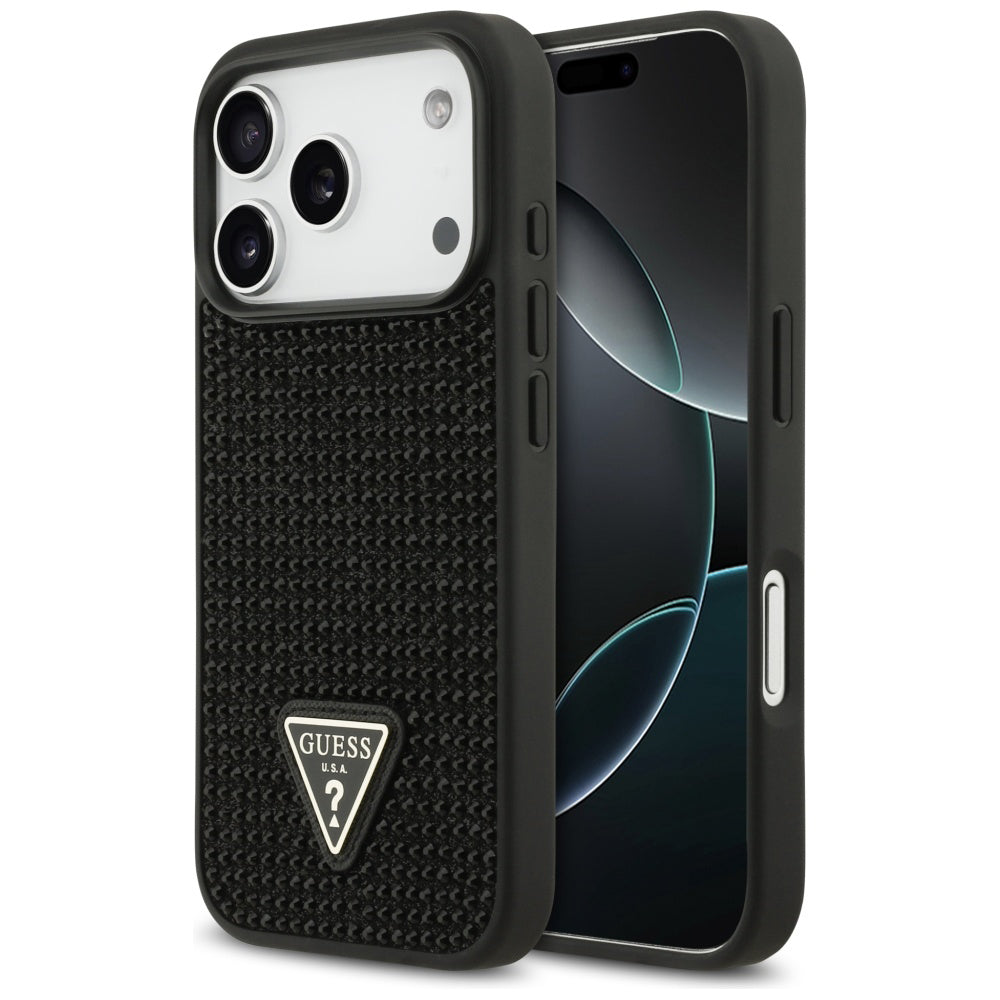 Калъф за Apple iPhone 17 Pro, Guess, Rhinestone Triangle Logo, Черен