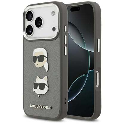 Калъф за Apple iPhone 17 Pro, Karl Lagerfeld, Grained Karl & Choupette's Heads Pins and Logo, Сив