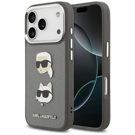 Калъф за Apple iPhone 17 Pro, Karl Lagerfeld, Grained Karl & Choupette's Heads Pins and Logo, Сив