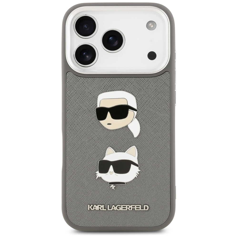 Калъф за Apple iPhone 17 Pro, Karl Lagerfeld, Grained Karl & Choupette's Heads Pins and Logo, Сив