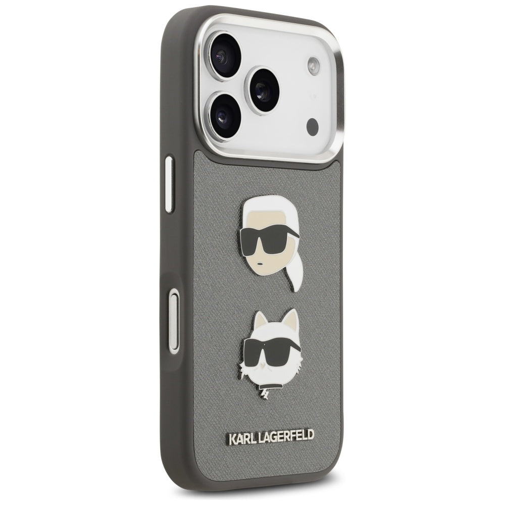 Калъф за Apple iPhone 17 Pro, Karl Lagerfeld, Grained Karl & Choupette's Heads Pins and Logo, Сив