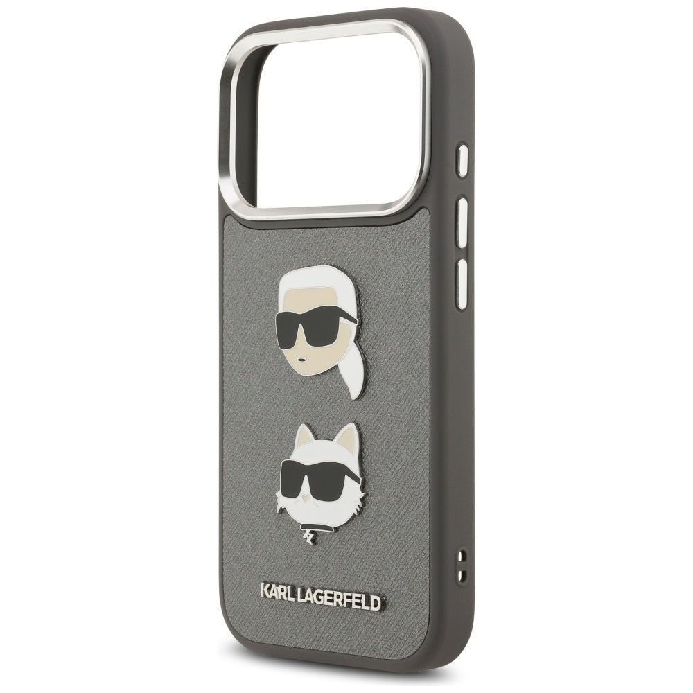 Калъф за Apple iPhone 17 Pro, Karl Lagerfeld, Grained Karl & Choupette's Heads Pins and Logo, Сив