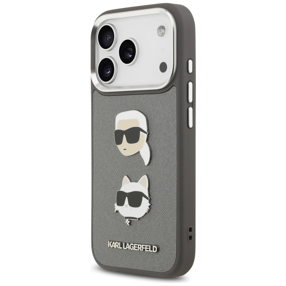 Калъф за Apple iPhone 17 Pro, Karl Lagerfeld, Grained Karl & Choupette's Heads Pins and Logo, Сив