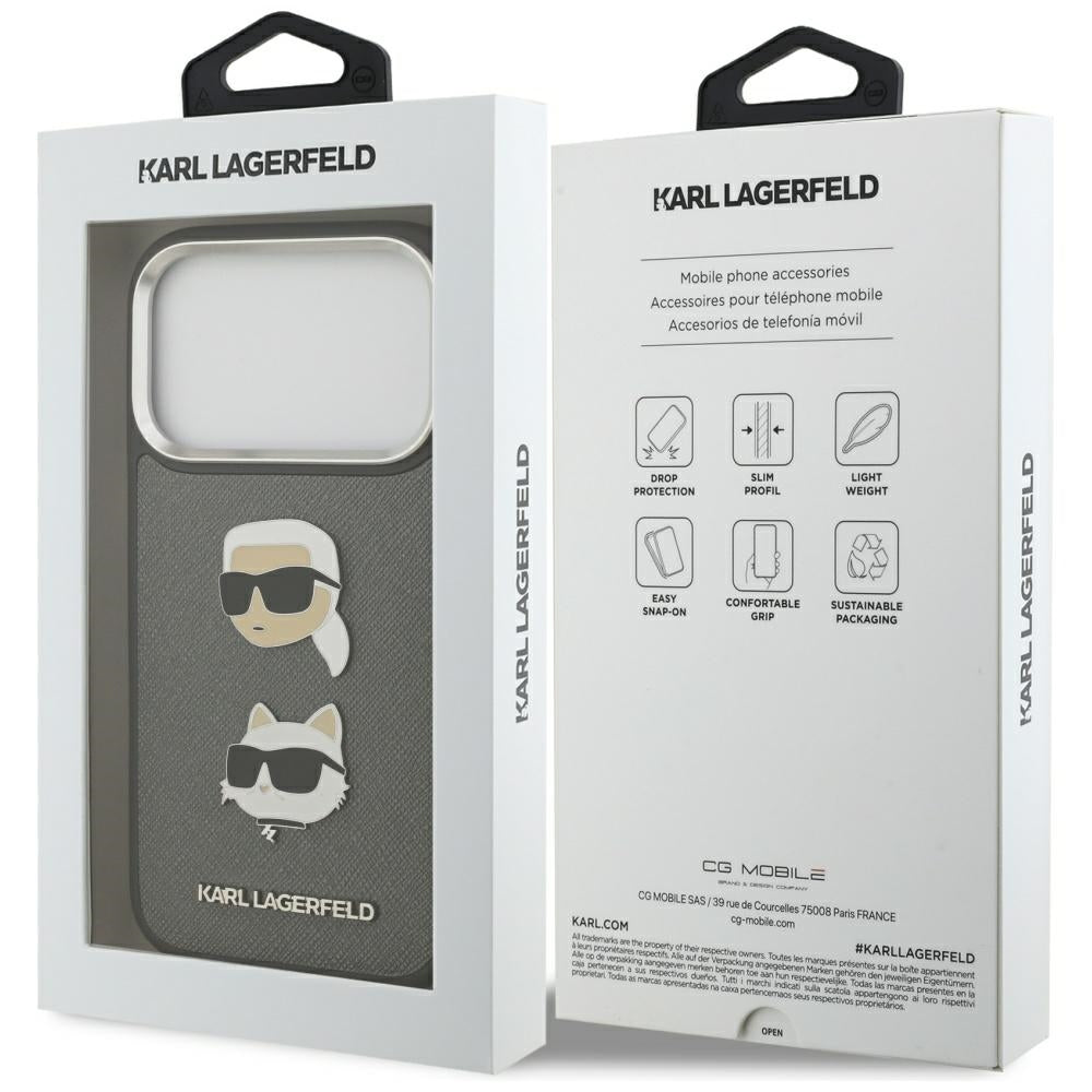 Калъф за Apple iPhone 17 Pro, Karl Lagerfeld, Grained Karl & Choupette's Heads Pins and Logo, Сив