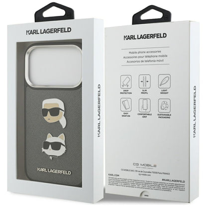 Калъф за Apple iPhone 17 Pro, Karl Lagerfeld, Grained Karl & Choupette's Heads Pins and Logo, Сив