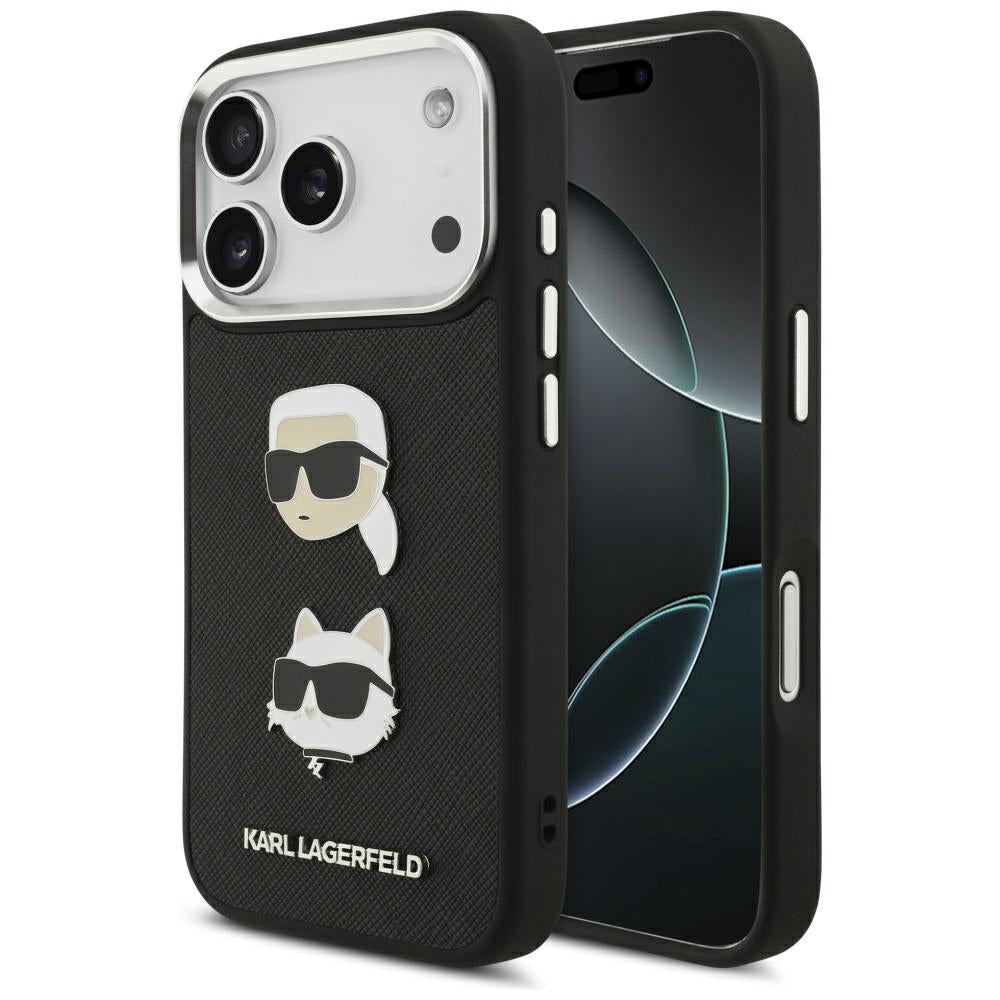 Калъф за Apple iPhone 17 Pro, Karl Lagerfeld, Grained Karl & Choupette's Heads Pins and Logo, Черен