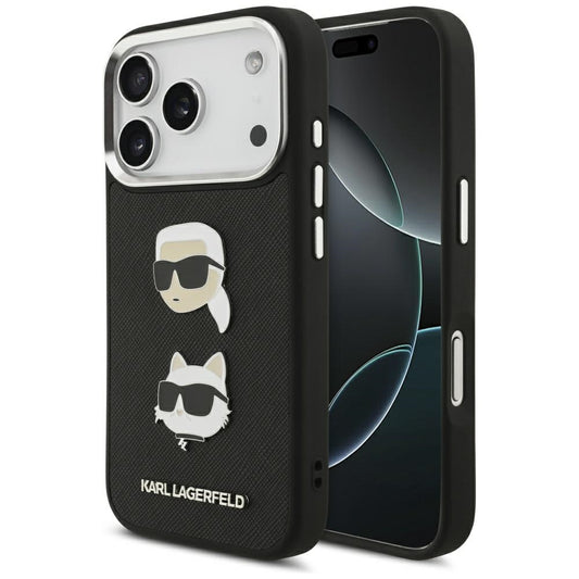 Калъф за Apple iPhone 17 Pro, Karl Lagerfeld, Grained Karl & Choupette's Heads Pins and Logo, Черен