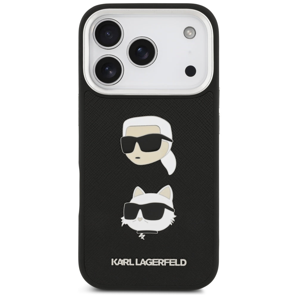 Калъф за Apple iPhone 17 Pro, Karl Lagerfeld, Grained Karl & Choupette's Heads Pins and Logo, Черен