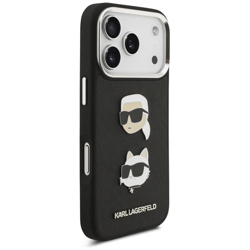 Калъф за Apple iPhone 17 Pro, Karl Lagerfeld, Grained Karl & Choupette's Heads Pins and Logo, Черен