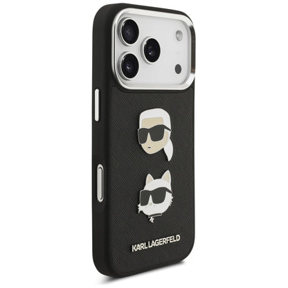Калъф за Apple iPhone 17 Pro, Karl Lagerfeld, Grained Karl & Choupette's Heads Pins and Logo, Черен