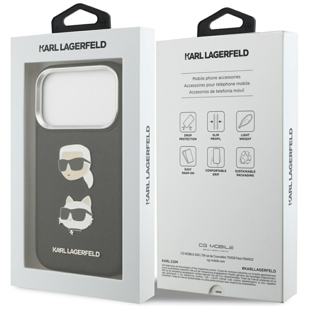 Калъф за Apple iPhone 17 Pro, Karl Lagerfeld, Grained Karl & Choupette's Heads Pins and Logo, Черен