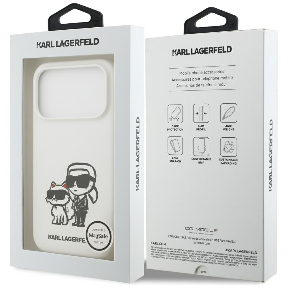 Калъф за Apple iPhone 17 Pro, Karl Lagerfeld, Sketch and Logo Karl & Choupette, Бял