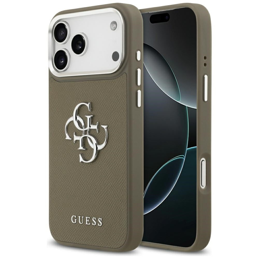 Калъф за Apple iPhone 17 Pro Max, Guess, 4G Grained Big And Classic Logo, Кафяво Сребрист