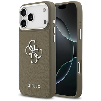 Калъф за Apple iPhone 17 Pro Max, Guess, 4G Grained Big And Classic Logo, Кафяво Сребрист