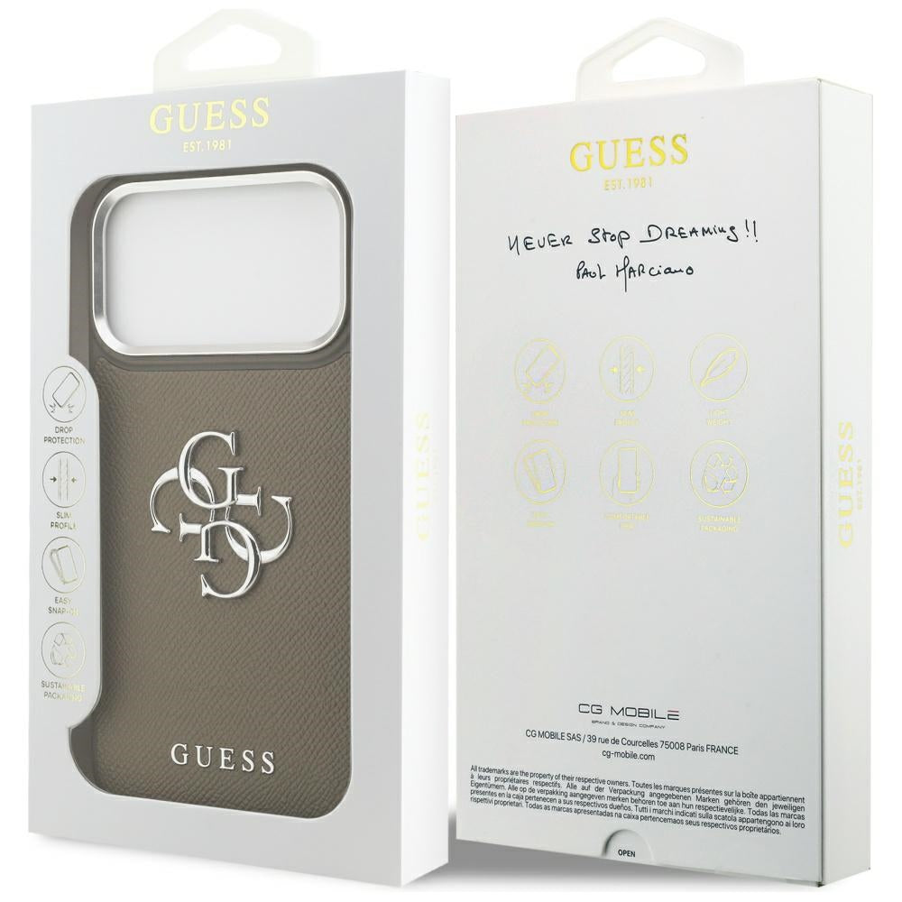 Калъф за Apple iPhone 17 Pro Max, Guess, 4G Grained Big And Classic Logo, Кафяво Сребрист