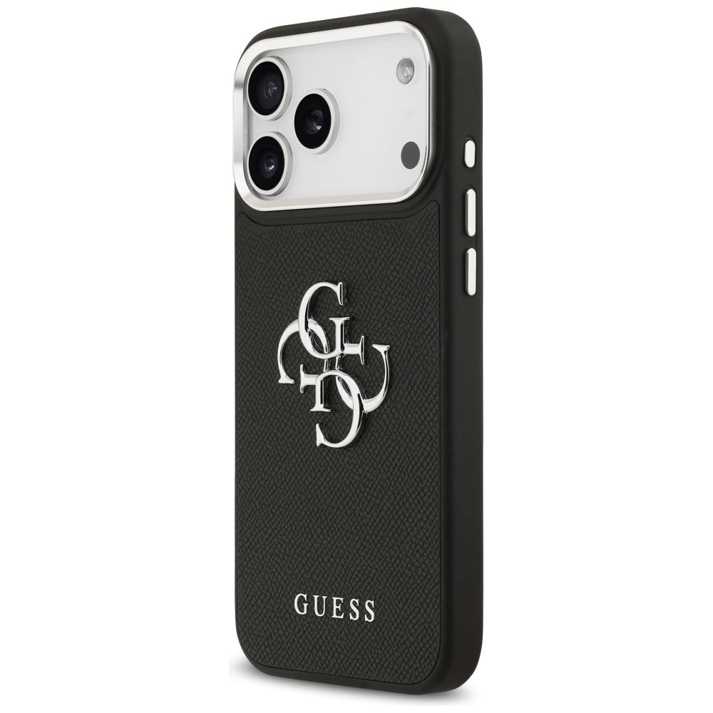 Калъф за Apple iPhone 17 Pro Max, Guess, 4G Grained Big and Classic Logo, Черно Сребрист