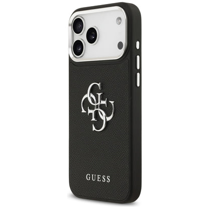 Калъф за Apple iPhone 17 Pro Max, Guess, 4G Grained Big and Classic Logo, Черно Сребрист