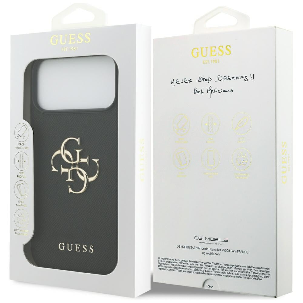 Калъф за Apple iPhone 17 Pro Max, Guess, 4G Grained Big and Classic Logo, Черен