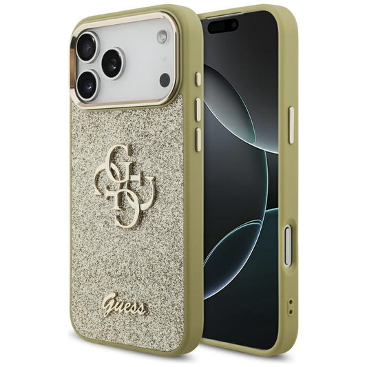 Калъф за Apple iPhone 17 Pro Max, Guess, Fixed Glitter Big 4G Metal Frame, Златист