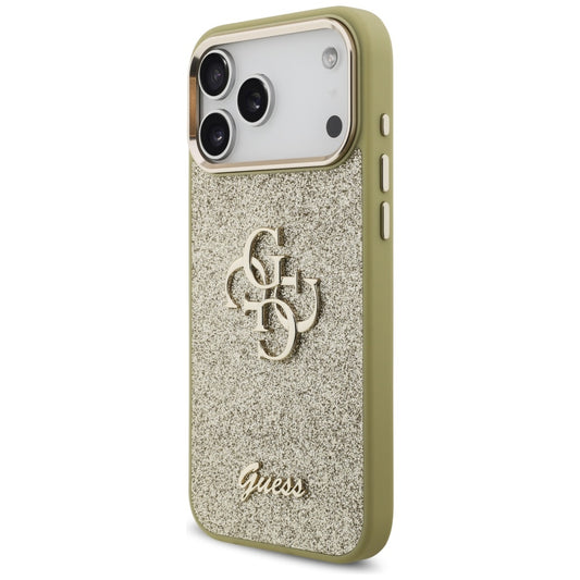 Калъф за Apple iPhone 17 Pro Max, Guess, Fixed Glitter Big 4G Metal Frame, Златист