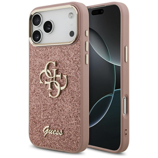Калъф за Apple iPhone 17 Pro Max, Guess, Fixed Glitter Big 4G Metal Frame, Розов