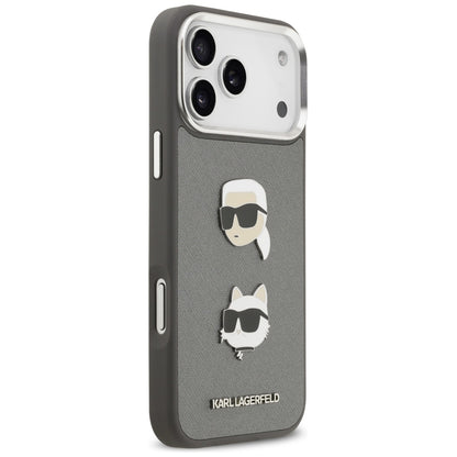Калъф за Apple iPhone 17 Pro Max, Karl Lagerfeld, Grained Karl & Choupette's Heads Pins and Logo, Сив
