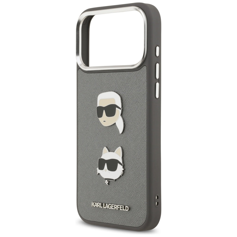 Калъф за Apple iPhone 17 Pro Max, Karl Lagerfeld, Grained Karl & Choupette's Heads Pins and Logo, Сив