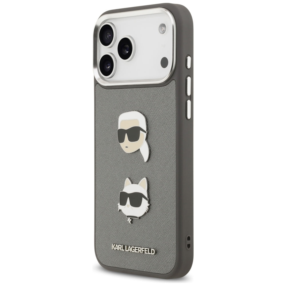 Калъф за Apple iPhone 17 Pro Max, Karl Lagerfeld, Grained Karl & Choupette's Heads Pins and Logo, Сив