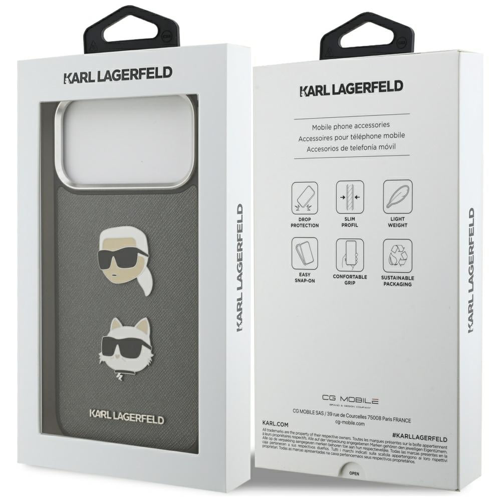 Калъф за Apple iPhone 17 Pro Max, Karl Lagerfeld, Grained Karl & Choupette's Heads Pins and Logo, Сив