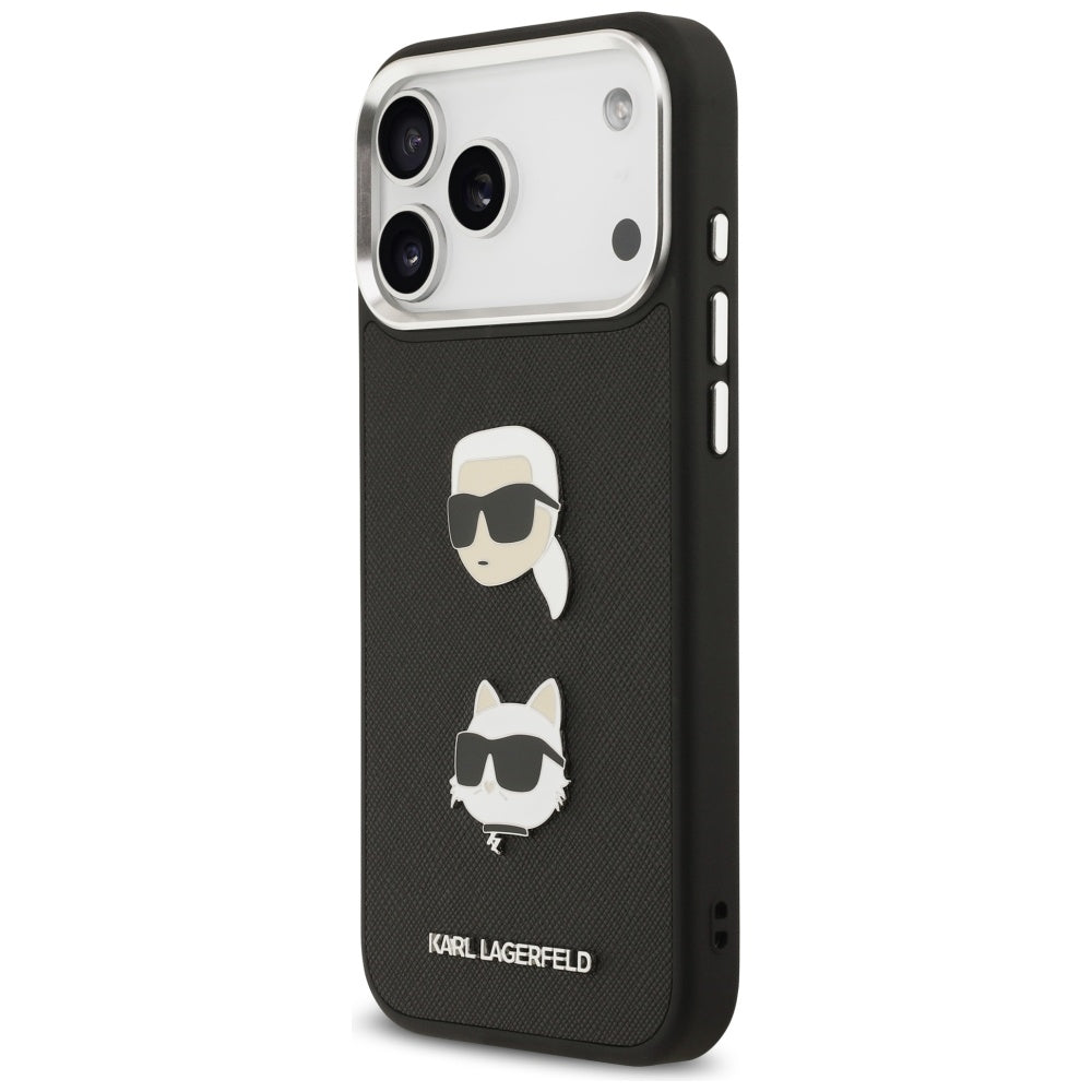 Калъф за Apple iPhone 17 Pro Max, Karl Lagerfeld, Grained Karl & Choupette's Heads Pins and Logo, Черен