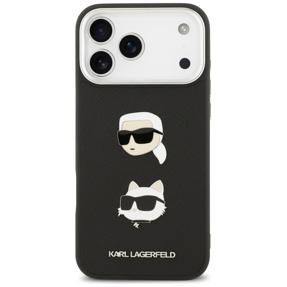 Калъф за Apple iPhone 17 Pro Max, Karl Lagerfeld, Grained Karl & Choupette's Heads Pins and Logo, Черен