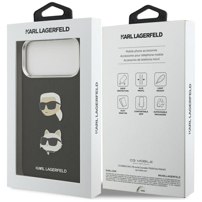 Калъф за Apple iPhone 17 Pro Max, Karl Lagerfeld, Grained Karl & Choupette's Heads Pins and Logo, Черен