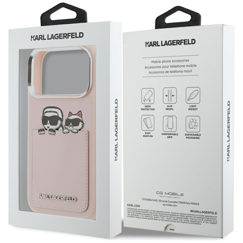 Калъф за Apple iPhone 17 Pro Max, Karl Lagerfeld, Karl & Choupette Print with Pocket, Розов