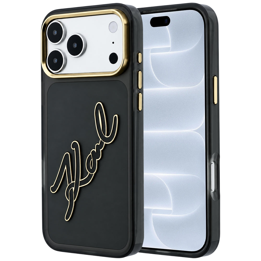 Калъф за Apple iPhone 18 Pro / 17 Pro, Karl Lagerfeld, IML Big Signature Resin Logo и метална рамка, черен