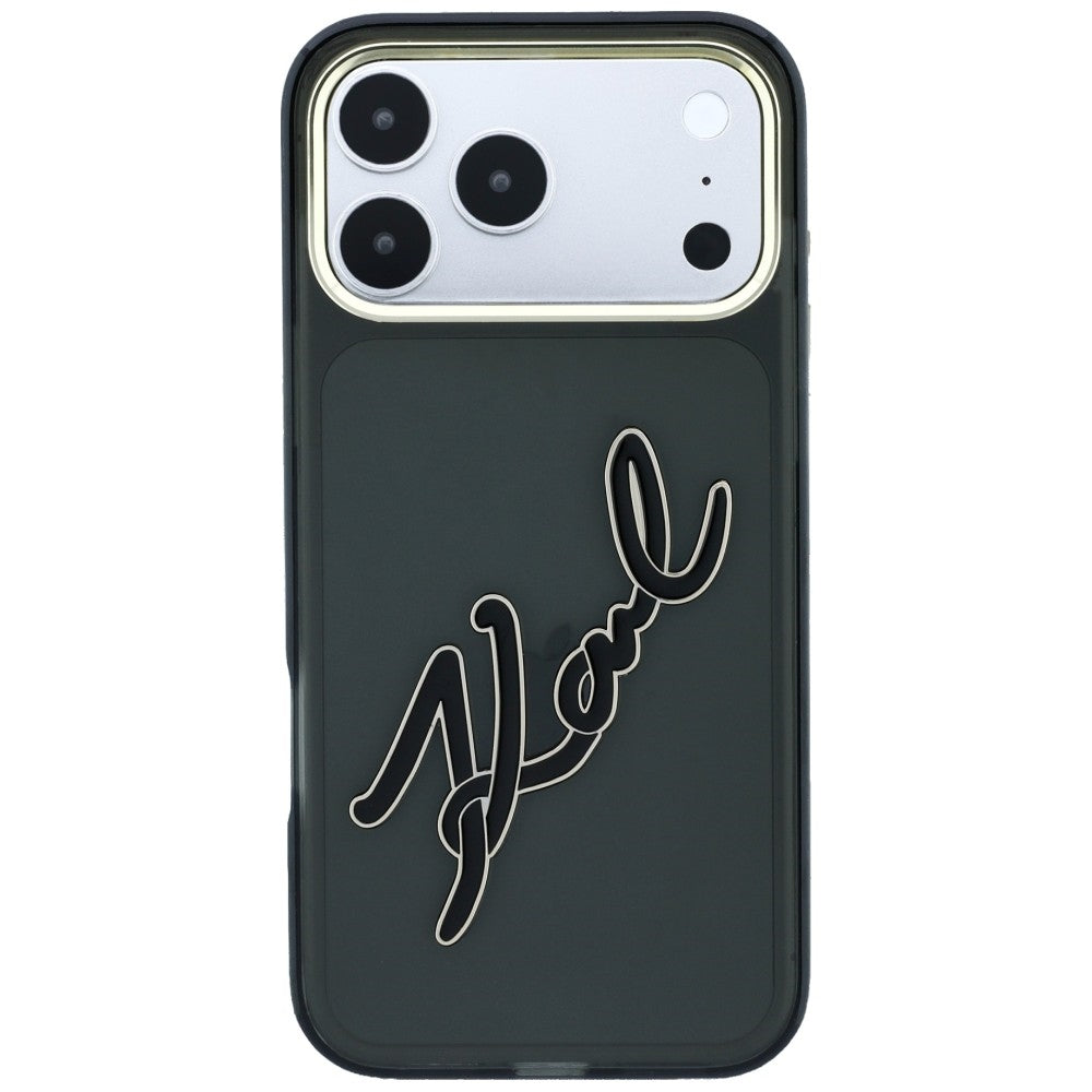 Калъф за Apple iPhone 18 Pro / 17 Pro, Karl Lagerfeld, IML Big Signature Resin Logo и метална рамка, черен