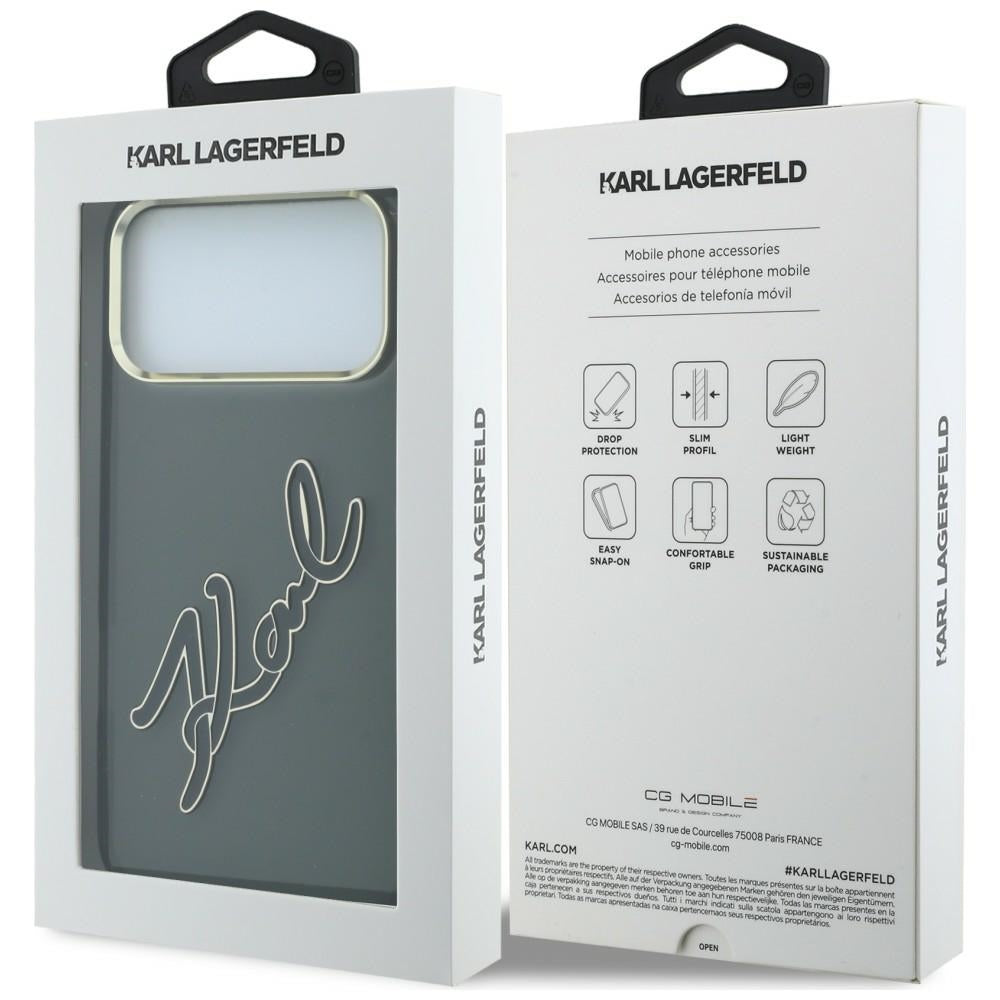Калъф за Apple iPhone 18 Pro / 17 Pro, Karl Lagerfeld, IML Big Signature Resin Logo и метална рамка, черен