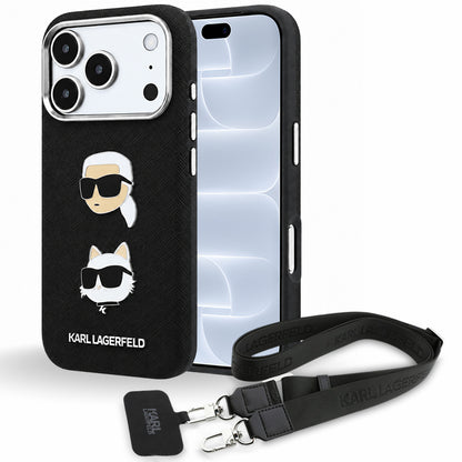 Калъф за Apple iPhone 18 Pro / 17 Pro, Karl Lagerfeld, Saffiano Crossbody Karl & Choupette Head's Pins Logo, черен