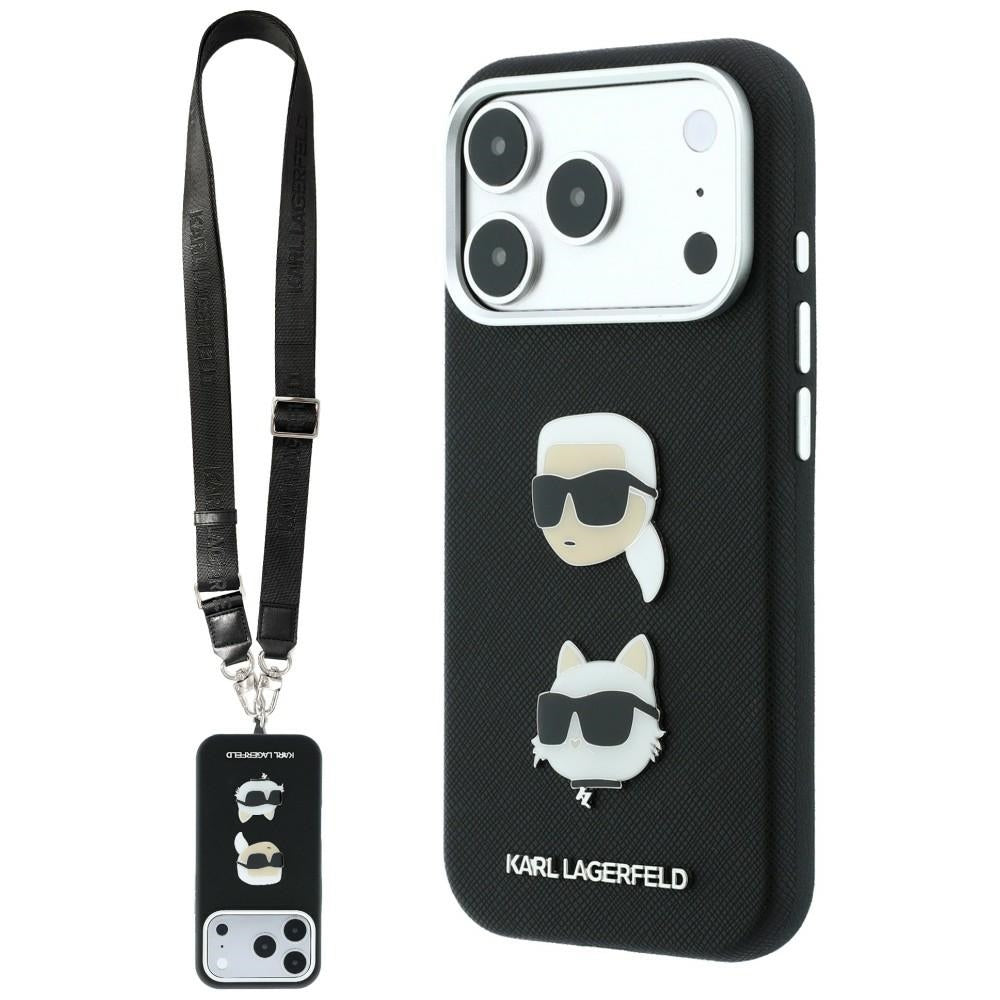 Калъф за Apple iPhone 18 Pro / 17 Pro, Karl Lagerfeld, Saffiano Crossbody Karl & Choupette Head's Pins Logo, черен