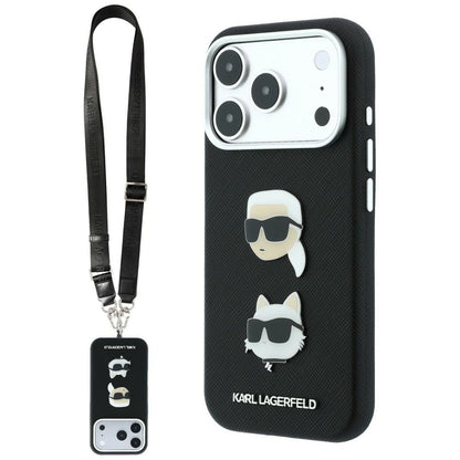 Калъф за Apple iPhone 18 Pro / 17 Pro, Karl Lagerfeld, Saffiano Crossbody Karl & Choupette Head's Pins Logo, черен