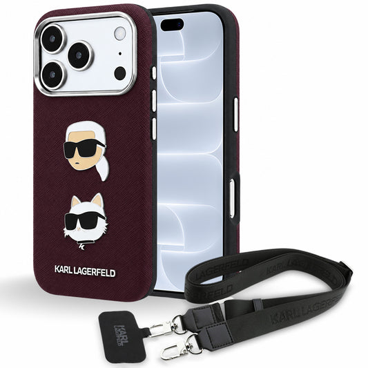 Калъф за Apple iPhone 18 Pro / 17 Pro, Karl Lagerfeld, Saffiano Crossbody Karl & Choupette Head's Pins Logo, бордо