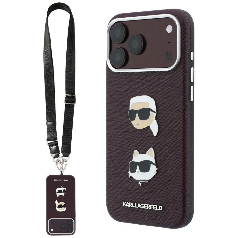 Калъф за Apple iPhone 18 Pro / 17 Pro, Karl Lagerfeld, Saffiano Crossbody Karl & Choupette Head's Pins Logo, бордо