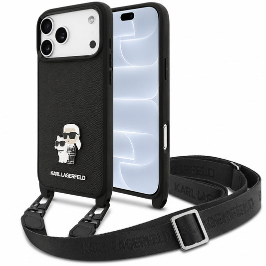 Калъф за Apple iPhone 18 Pro / 17 Pro, Karl Lagerfeld, Saffiano Crossbody Metal Pin Karl & Choupette, черен
