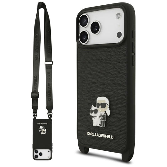 Калъф за Apple iPhone 18 Pro / 17 Pro, Karl Lagerfeld, Saffiano Crossbody Metal Pin Karl & Choupette, черен