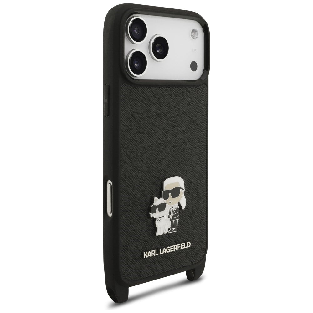 Case for Apple iPhone 18 Pro / 17 Pro, Karl Lagerfeld, Saffiano Crossbody Metal Pin Karl & Choupette, Black