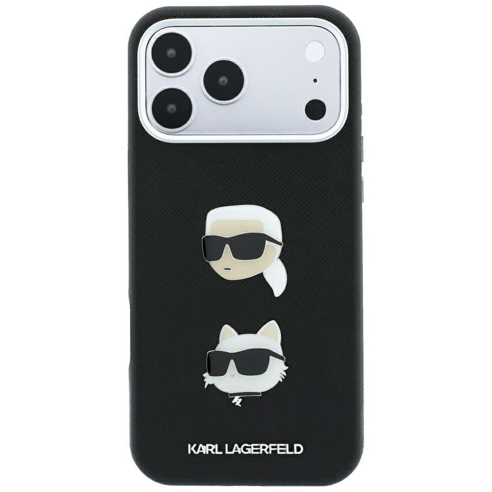 Калъф за Apple iPhone 18 Pro / 17 Pro, Karl Lagerfeld, Saffiano с игла с главите на Karl и Choupette и лого, черен