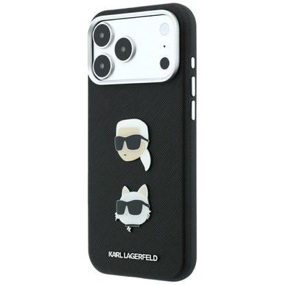 Калъф за Apple iPhone 18 Pro / 17 Pro, Karl Lagerfeld, Saffiano с игла с главите на Karl и Choupette и лого, черен
