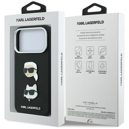 Калъф за Apple iPhone 18 Pro / 17 Pro, Karl Lagerfeld, Saffiano с игла с главите на Karl и Choupette и лого, черен