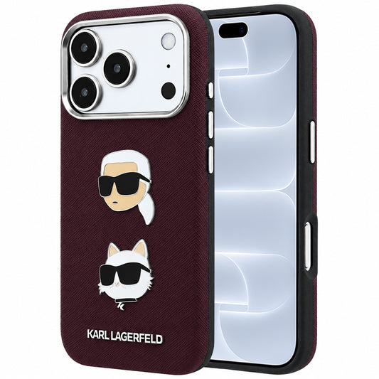 Калъф за Apple iPhone 18 Pro / 17 Pro, Karl Lagerfeld, Saffiano с щифт с главите на Karl & Choupette и лого, Бордо