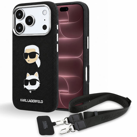 Калъф за Apple iPhone 18 Pro Max / 17 Pro Max, Karl Lagerfeld, Saffiano Crossbody Karl & Choupette Head's Pins Logo, черен
