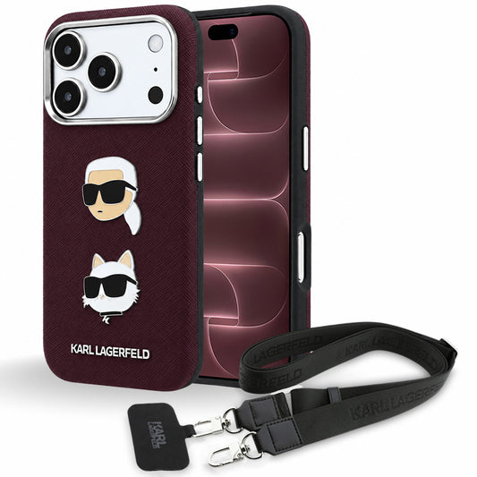 Калъф за Apple iPhone 18 Pro Max / 17 Pro Max, Karl Lagerfeld, Saffiano Crossbody Karl & Choupette Head's Pins Logo, бордо